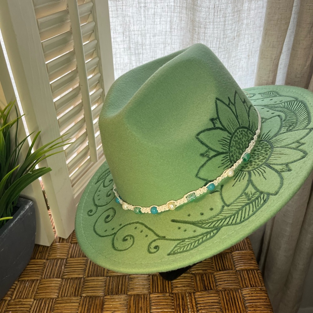 Hand burned vegan felt floral hat